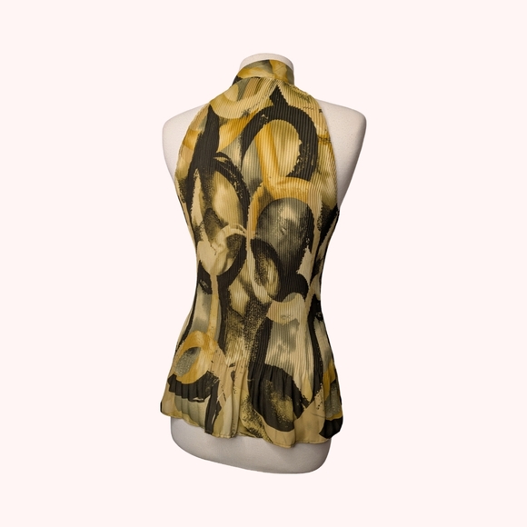 ⭐Sere Nade High Neck Accordion Pleated Abstract Print Peplum Hem Sheer Top - Picture 3 of 7